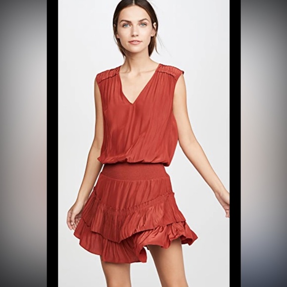 Ramy Brook dress XXS rust peplum Bernice smocked clay rust mini tennis blouson - Picture 2 of 11